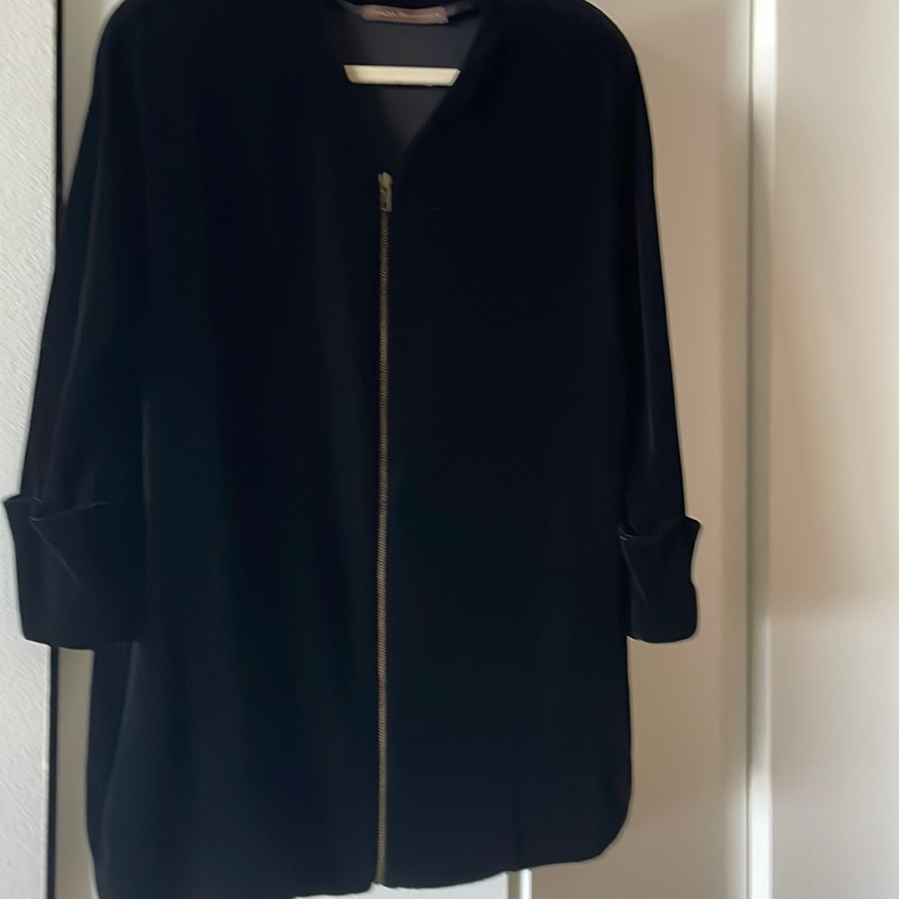 Made in Italy designer elongated silk velvet zip jacket with cuffed sleeves.